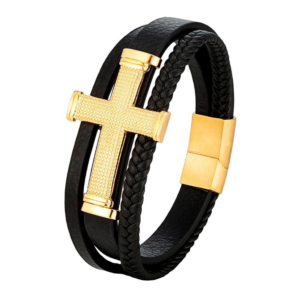 2026 Men's Cross Leather Rope Bracelet, Black Braided, Magnetic Buckle Fashion Trendy Men's Bracelet