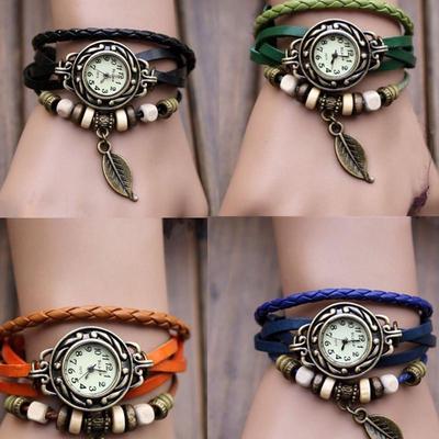 Womens Bracelet Weave Wrap Quartz Leather Leaf Beads Wrist Watches