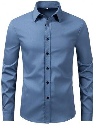 Camisa de Manga Larga Casual de Negocios para Hombre 2025 de Color Sólido con Cuello Vuelto para Moda Europea y Americana.