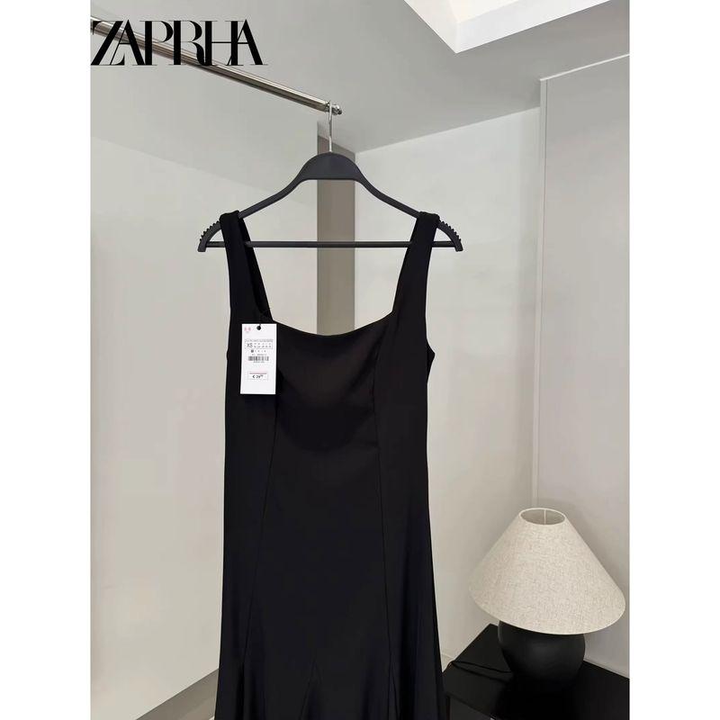 Zaprha 2025 New Arrival Black Dress Wide Shoulder Strap Square Collar Midi Skirt Dress Waist Slim Looking 4088046