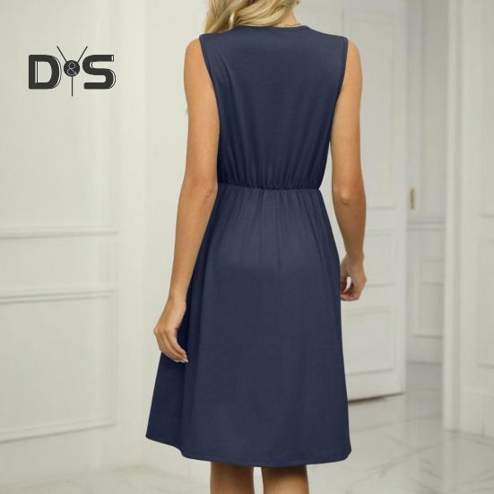 Damen Sommerkleid V-Ausschnitt Ärmellos Midikleider mit Taschen Lässiges Boho Strandurlaub Sommerkleider