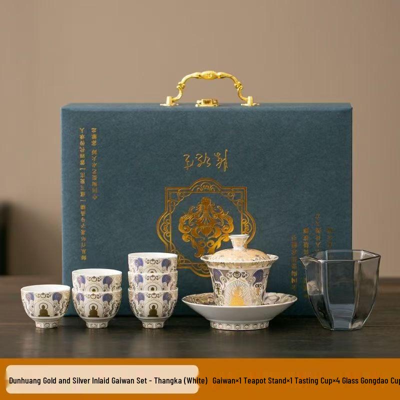 Chaxun Dunhuang Style Handcrafted Gilt Silver Ceramic Tea Set