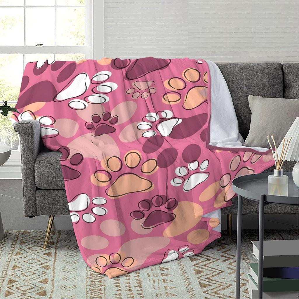Abstract Colorful Pet Paw Outline Pink Base Repeat Pattern Flannel Throw Blanket, Warm Cozy Blanket,Cute Animal Girls Room Decor