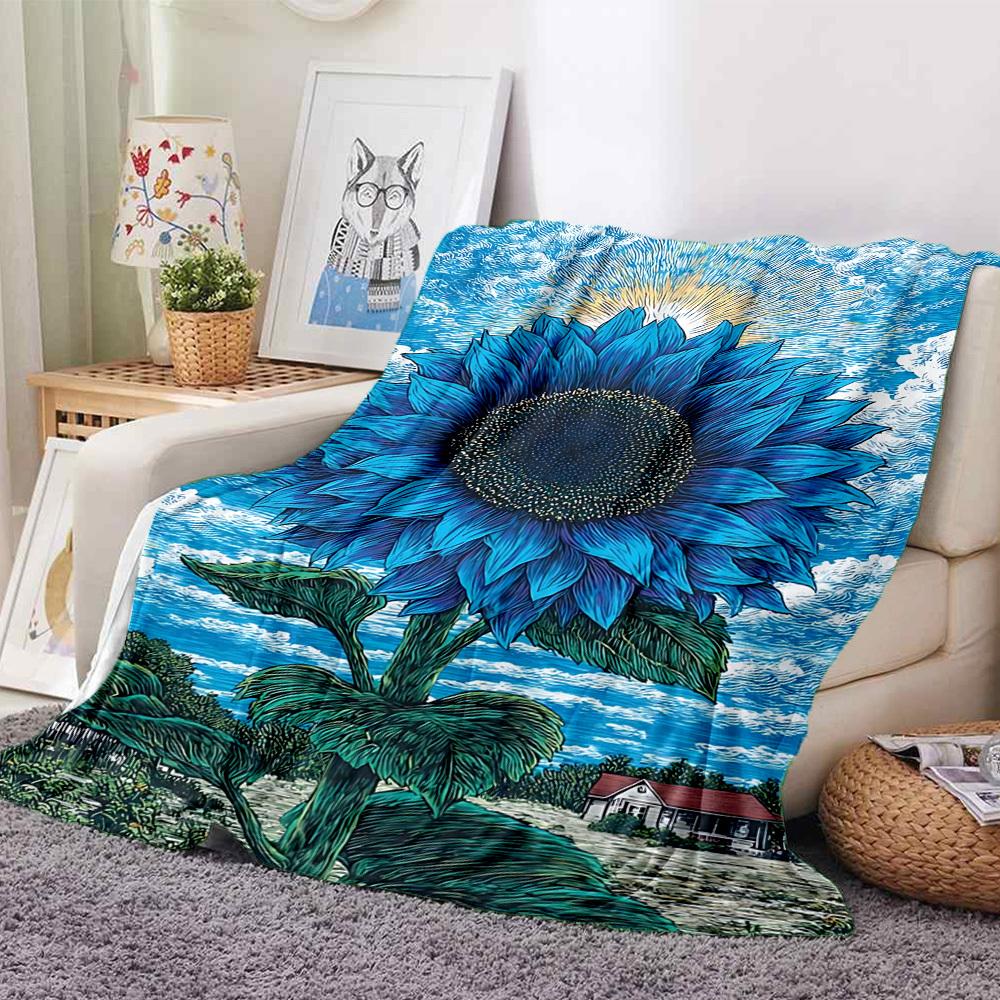 1pc Blue Sunflower Blanket - Lightweight Flannel Fleece with Digital Printing, Soft Warm for Sofa, Travel, Camping, Office yy251018251