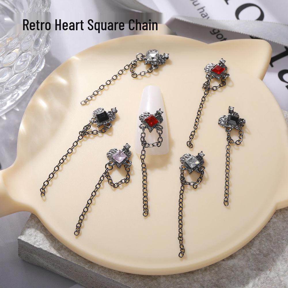 

Rhinestone Clover & Heart Nail Art Jewelry Pendant with Tassel Vintage Heart Square Chain White [Single Piece]