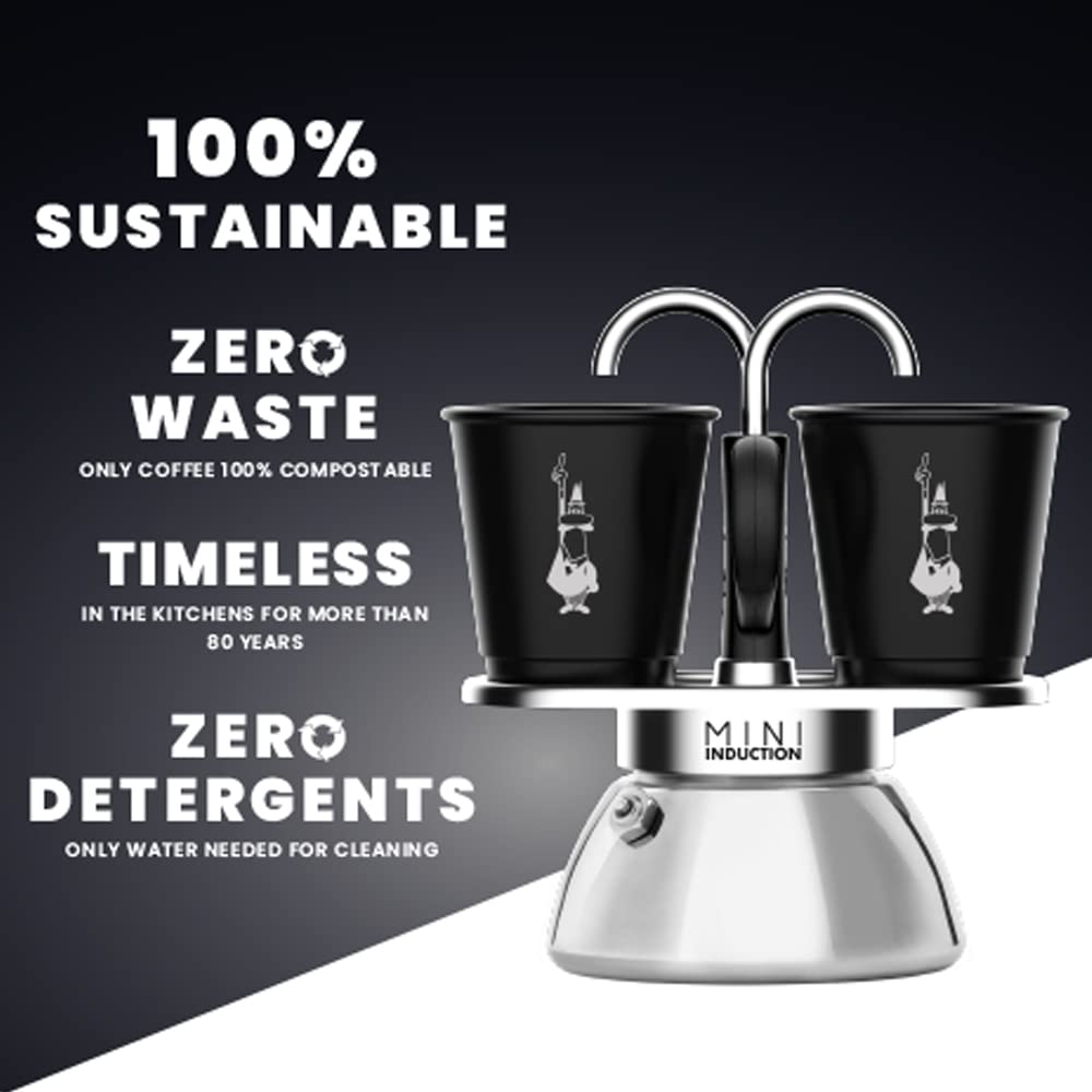 Bialetti Mini Express Induction 2 Cups IH Compatible & Direct Fire TypeEspresso Cup Included (Coffee Maker Espresso Maker Macchinetta)