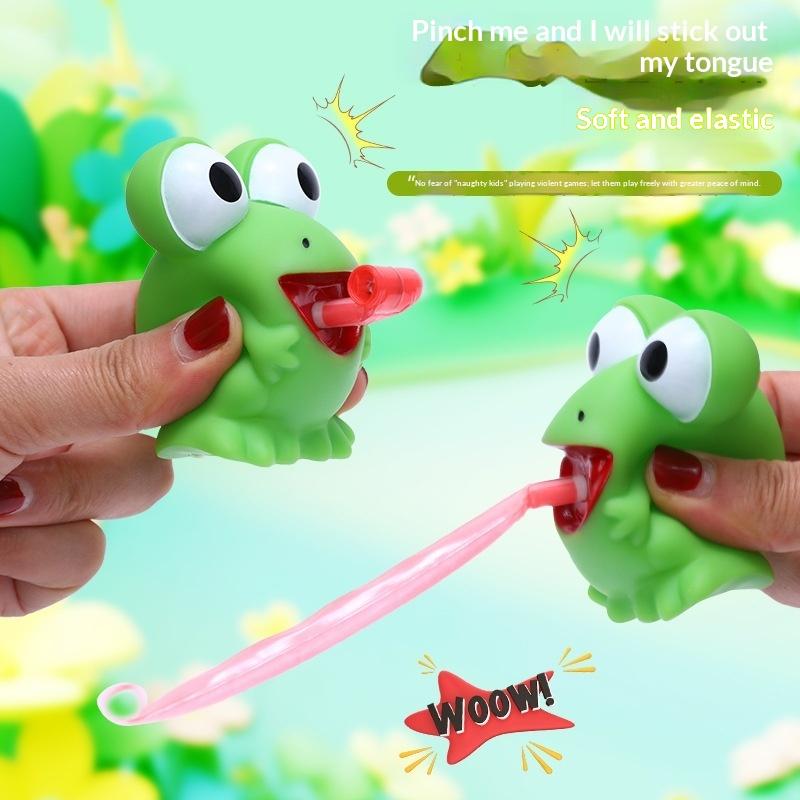 Green Frog Squeeze Toy With Popping Tongue Soft Elastic Texture For Kids Party Favors Stress Relief