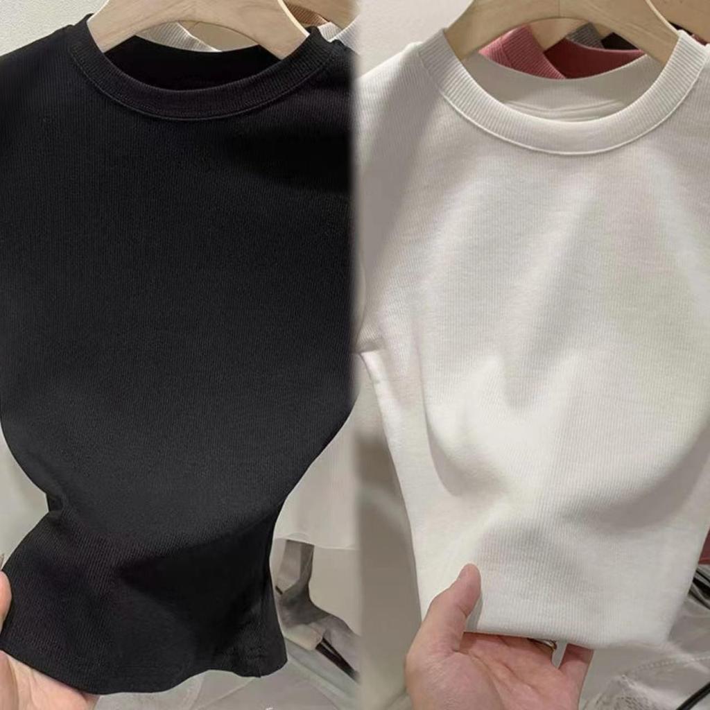 Dopamine Thread Slimming Women's Summer Short Sleeve T-Shirt – Versatile Straight Shoulder Round Neck