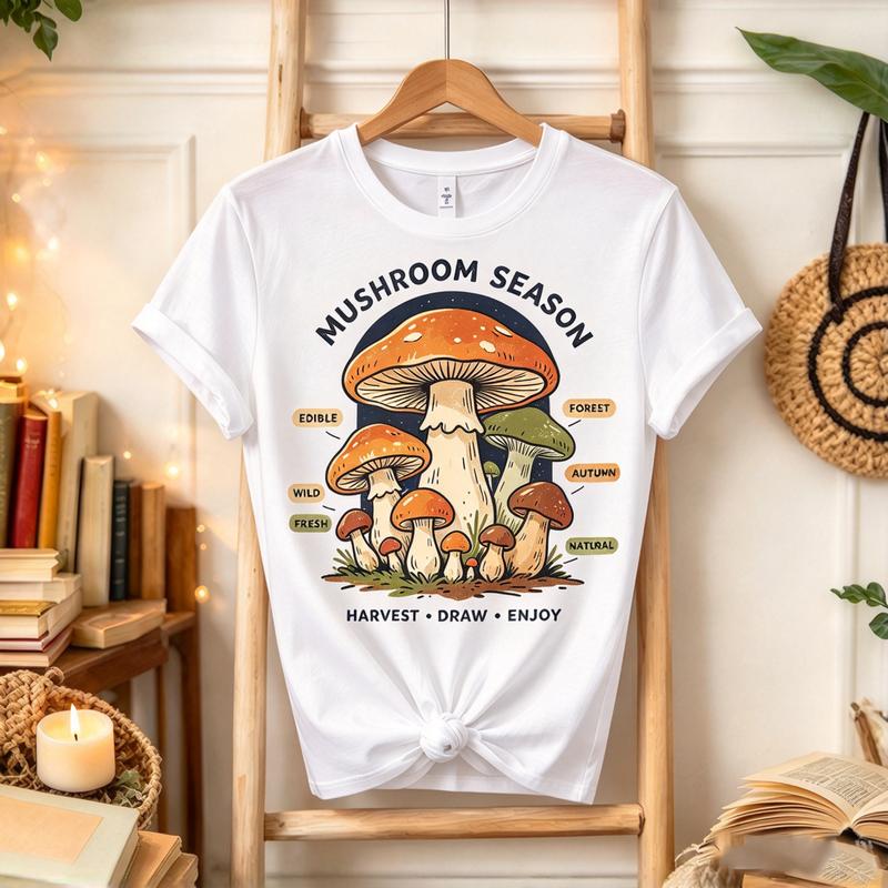 Mushroom Season Graphic T Shirt Unisex Vintage Autumn Forest Fungi Tee Cottagecore Wild Mushroom Lover Short Sleeve Casual Tops