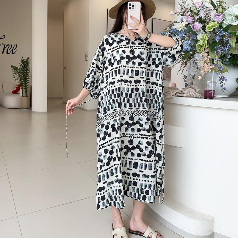 

Летнее новое модное платье с принтом, V-образным вырезом и рукавом пять четвертей one size