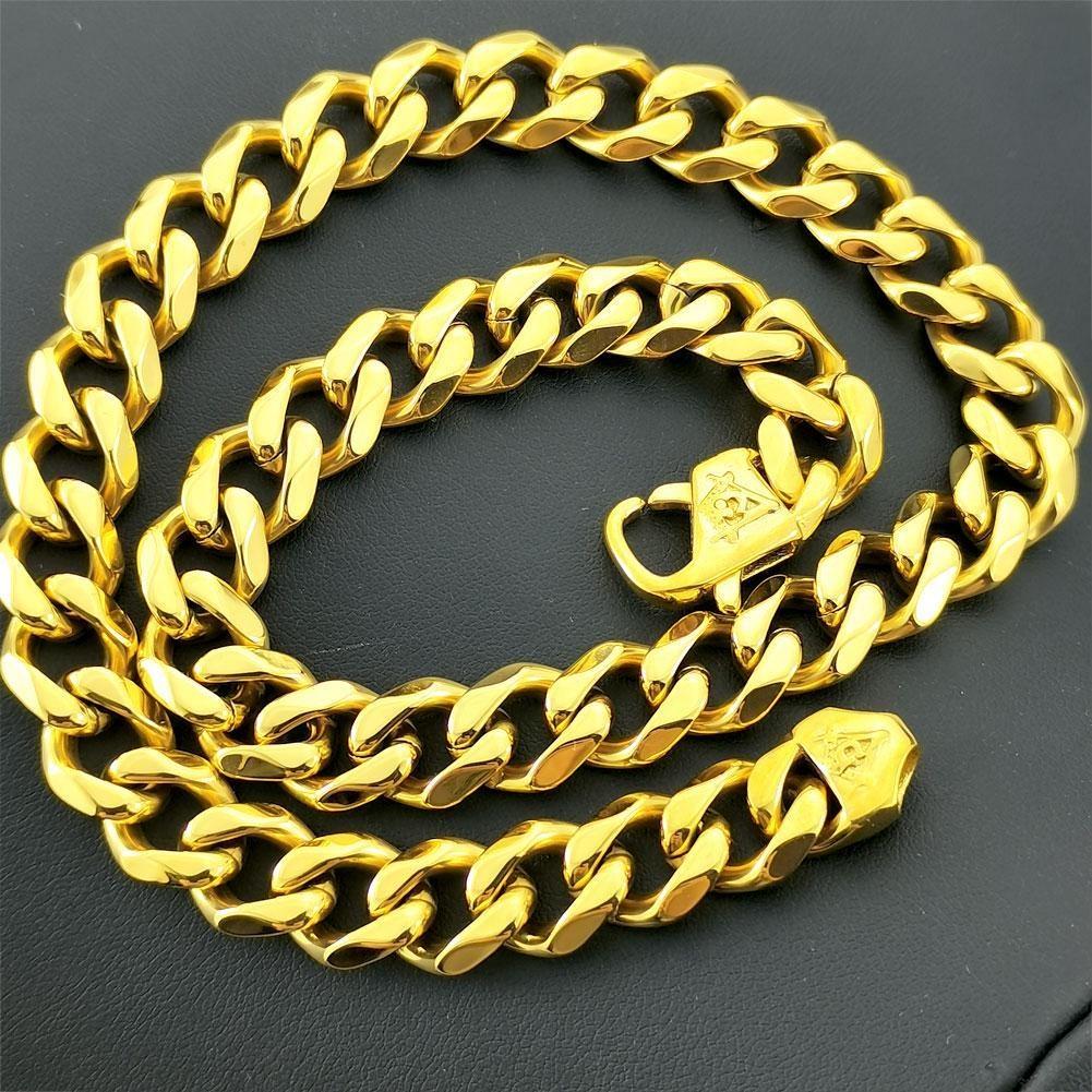 Necklace Mens Women Freemasonry Masonic Mason Stainless Steel 11mm Width Yellow