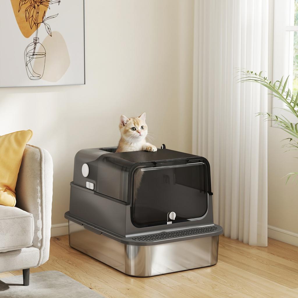 Lettiera per Gatti in Acciaio Inossidabile con Coperchio XXL 72L per Gatti Grandi e Multipli con Doppia Porta, Paletta, Pedale, Anti-Perdita