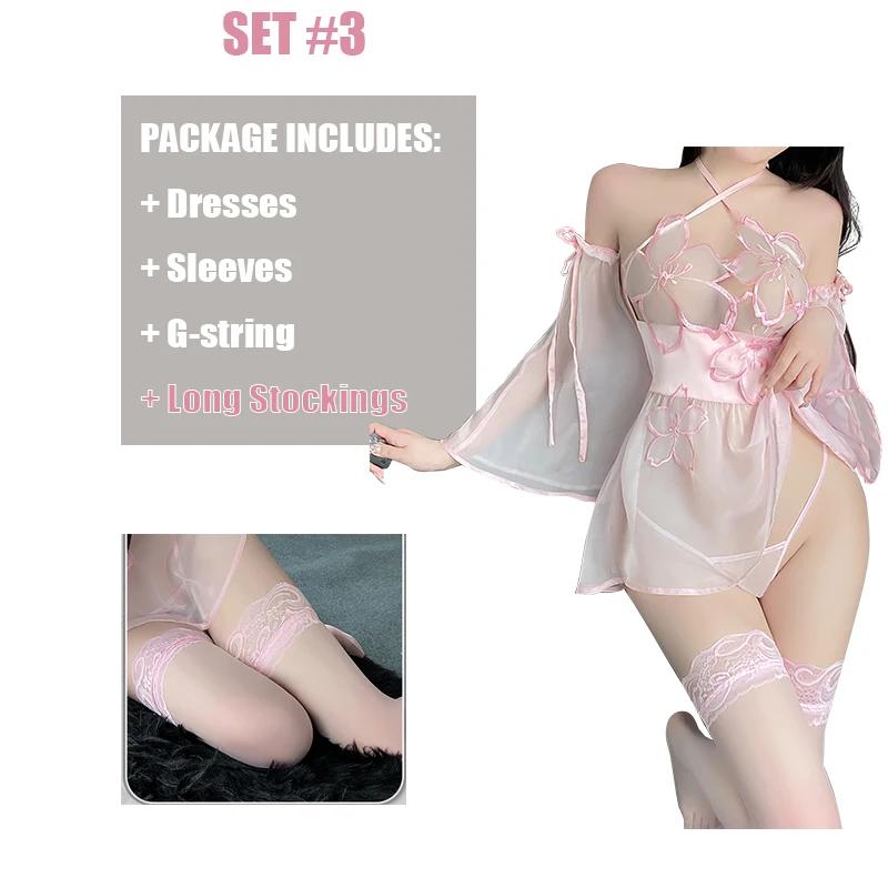 Chinese Ancient Style Cute Floral See Through Halter Dress Pink Kimono Backless Sexy Lingrie Women Outfit Costume