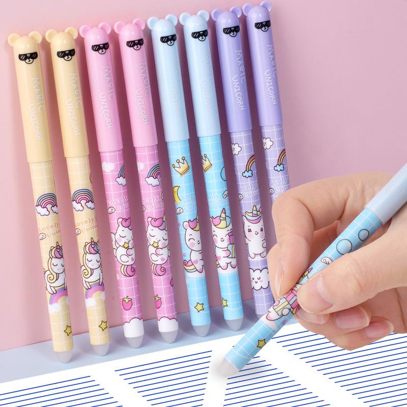 4 Stuks/Set Schattige Cartoon Uitwisbare Gelpen 0,5 mm Volle Naald Kristal Blauwe Inkt Kawaii Eenhoorn Beer Panda Schrijfpennen voor Schoolstudenten