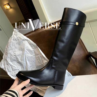 Versión de piel de oveja~ Botas altas planas de cuero con hebilla dorada pequeña para mujer, botas de tubo ancho, botas de caballero para mm gorditas y piernas gruesas