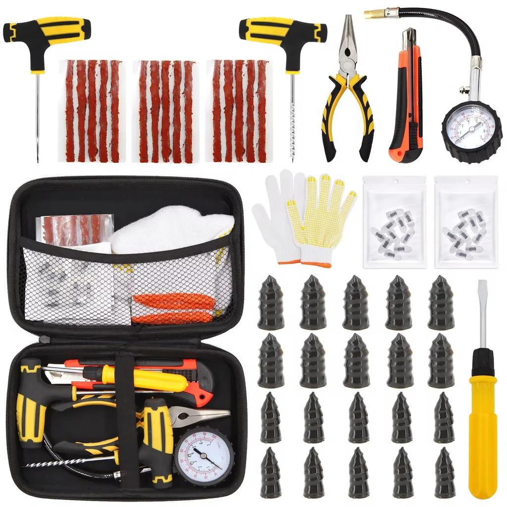 Auto Tire Repair Tool Tire Repair Kit - Bike Puncture Plug Garage Needle Nose Pliers Studding Tool Set With EVA Storage Case