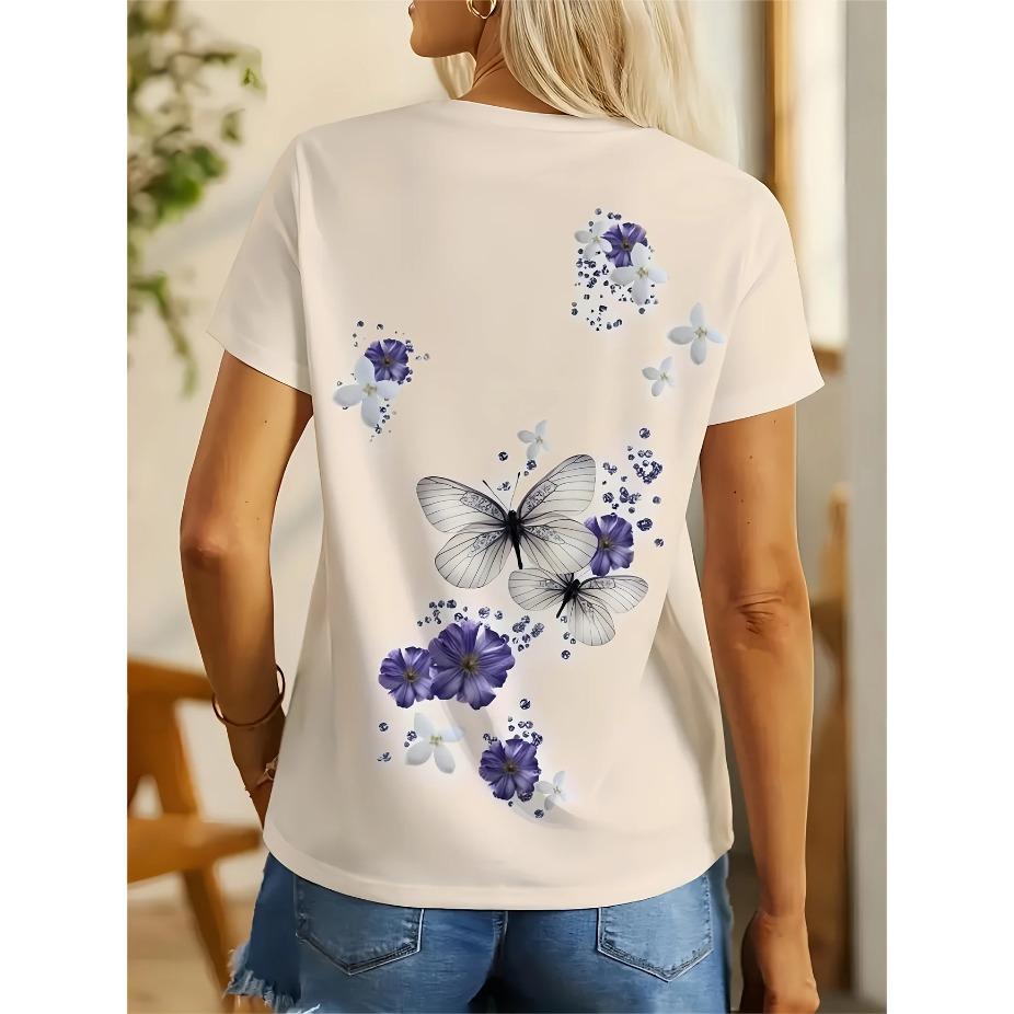 Women's 3D Printed Butterfly & Floral Casual T-Shirt - Vibrant Purple/White/Black/Blue/Grey, Breathable Machine-Washable Fabric, All-Season Comfort