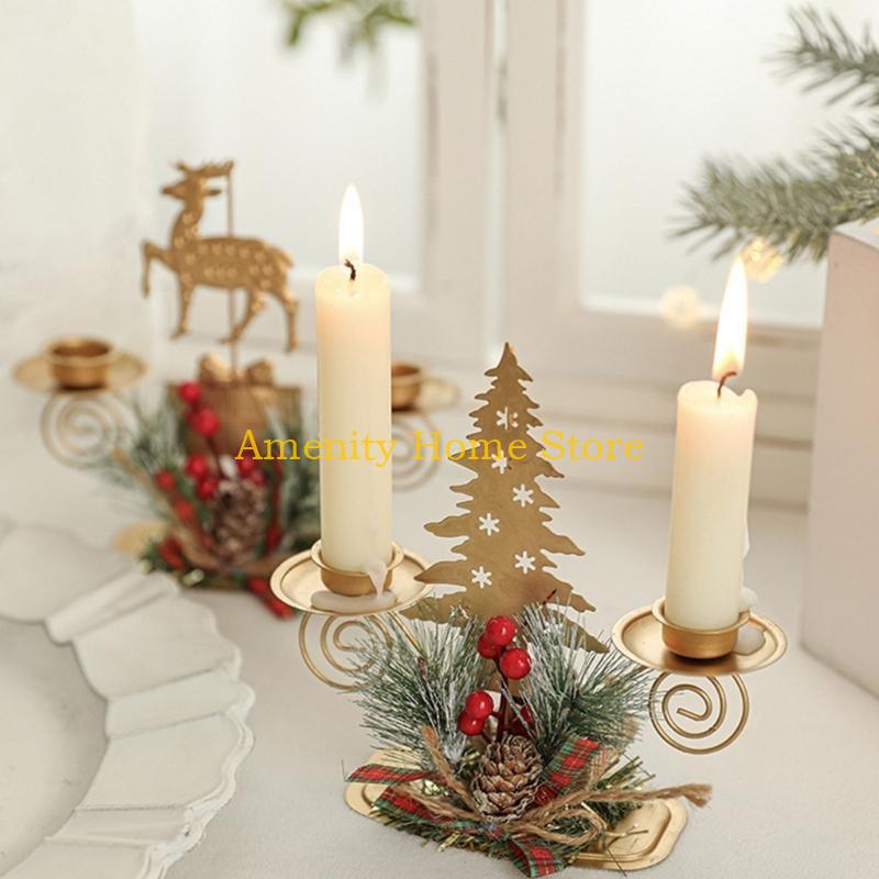 F26C Gold Iron Double Candlestick Home Decors for Holiday Christmas Metal Candle Holders Stand with Pinecones and Berries
