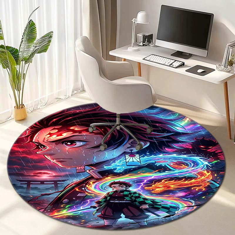 Classic Japanese-style Cartoon Demon Slayer Round Rug, Home Soft Decorative Anti-slip Yoga Mat and Chair Mat, Outdoor Floor Mat Carpet K27