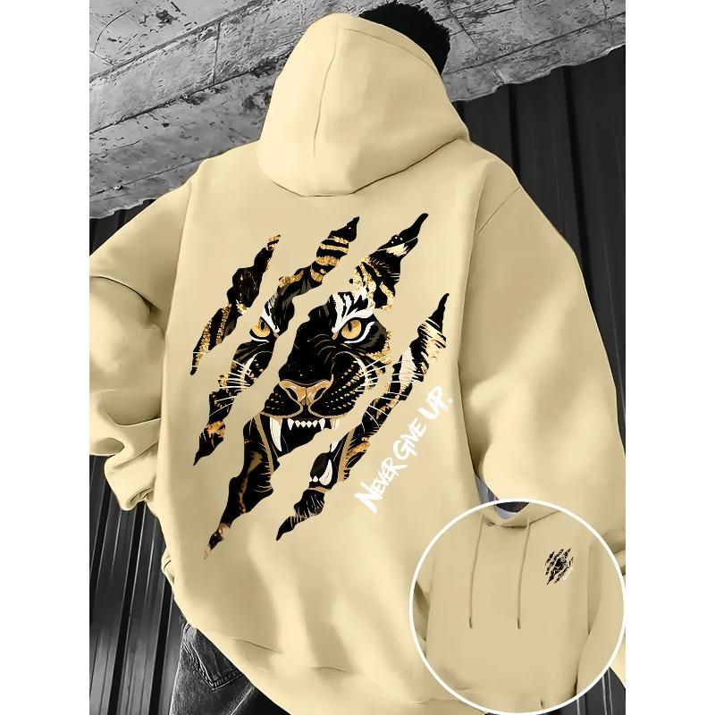Comfort Warm Fleece Men Hoodie Tiger Scratch Graphic Never Give Up Slogan Back Print Outdoor Sports Casual Hooded Sweatshirt