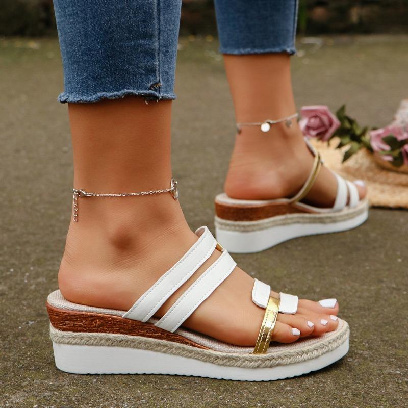 New Style Summer Casual Color Blocking Sandals for Women Dressy Comfortable Soft Leather  Thick Soled Slope Woven Straw Sandals