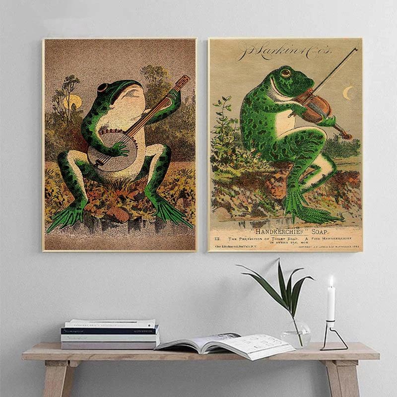Japanese Vintage Colorful Funny Frog Playing Banjo Singing Frog Chorus Poster Canvas Painting Wall Art Living Room Home Decor