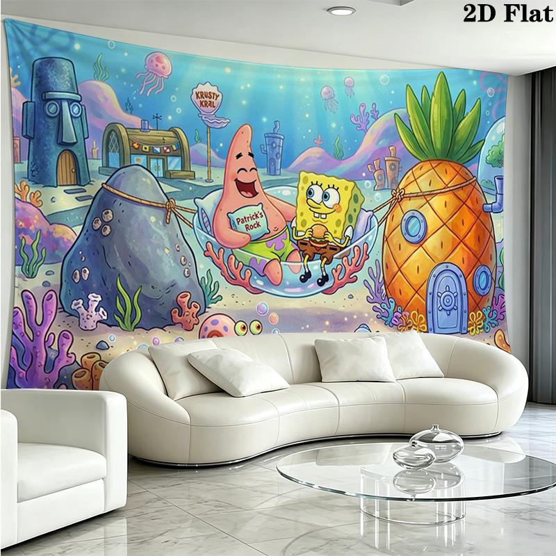 Cartoon Spongebob Wall Tapestry Aesthetic Wall Hanging Printed Fabric Blanket Decorative Tapestries for Bedroom Living Room Home Decor