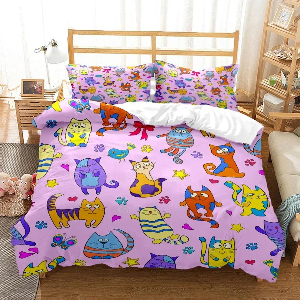 New 3D Print Cartoon Cat Print Comfortable Duvet Quilt Cover Pillowcase Bedding Set Children Bedroom Decoration Home Textile