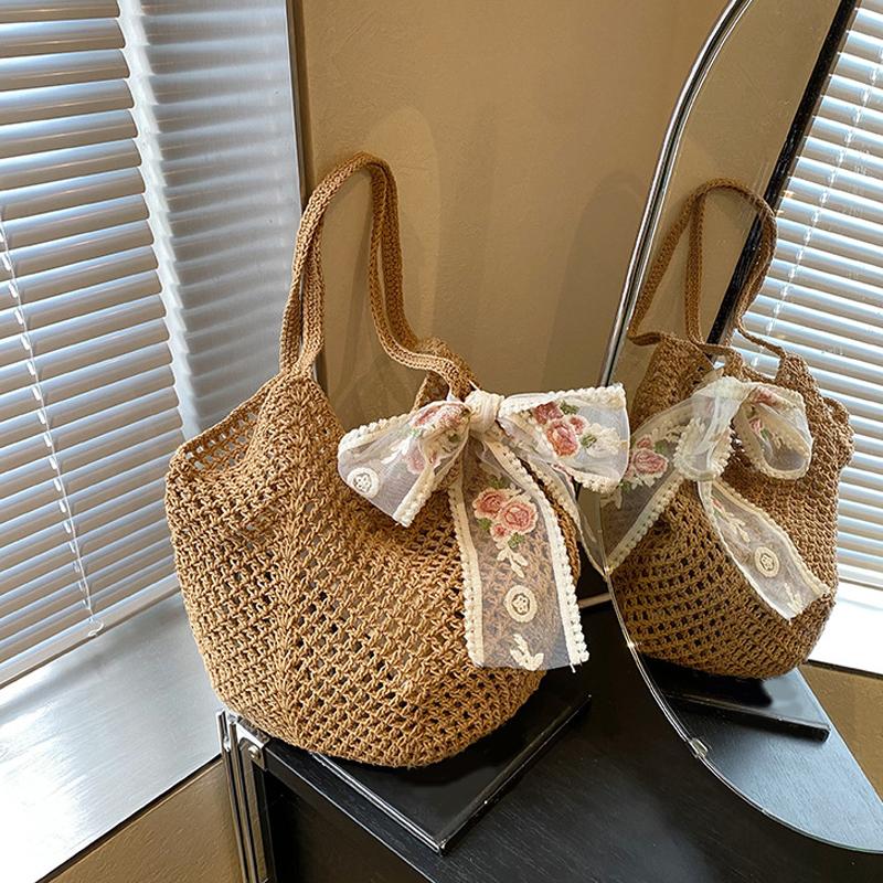 Yogodlns Solid Color Crochet Tote Handbag Summer Beach Scarf Decor Fashion Women's Mesh Woven Shoulder Bags Large Capacity Knitting Underarm Bag