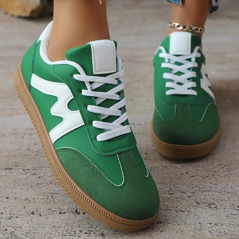 Fashion Women's Lightweight and Comfortable Sneakers Striped Lace-Up Casual Breathable Green Sports Shoes Plus Size
