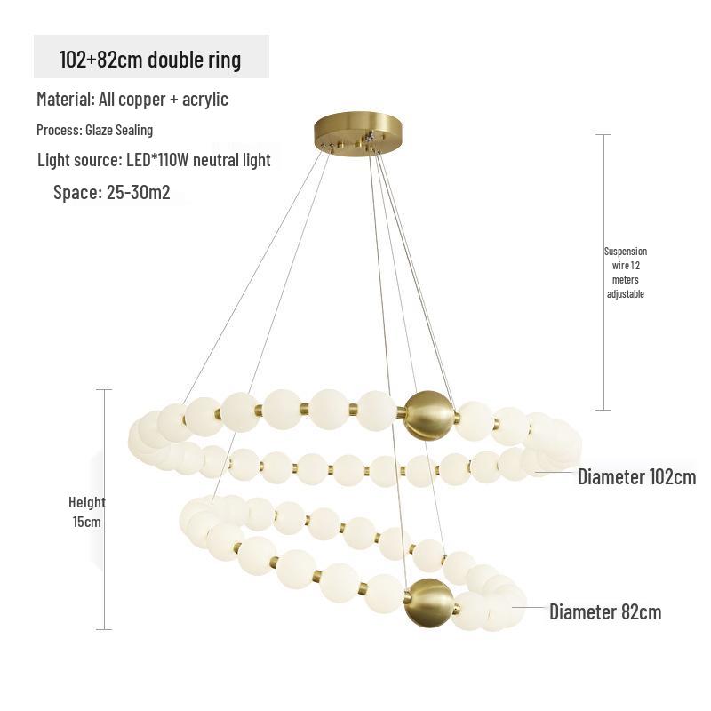 Nordic All-Copper Chandelier: French Pearl Necklace Design with Buddhist Beads and Acrylic for Dining and Living Rooms