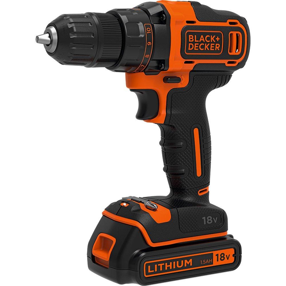 BLACK+DECKER 18V Cordless Drill Driver 1.5Ah, 40 Nm, 0-360 0-1400 rpm, 10 mm Chuck, BDCDD186K