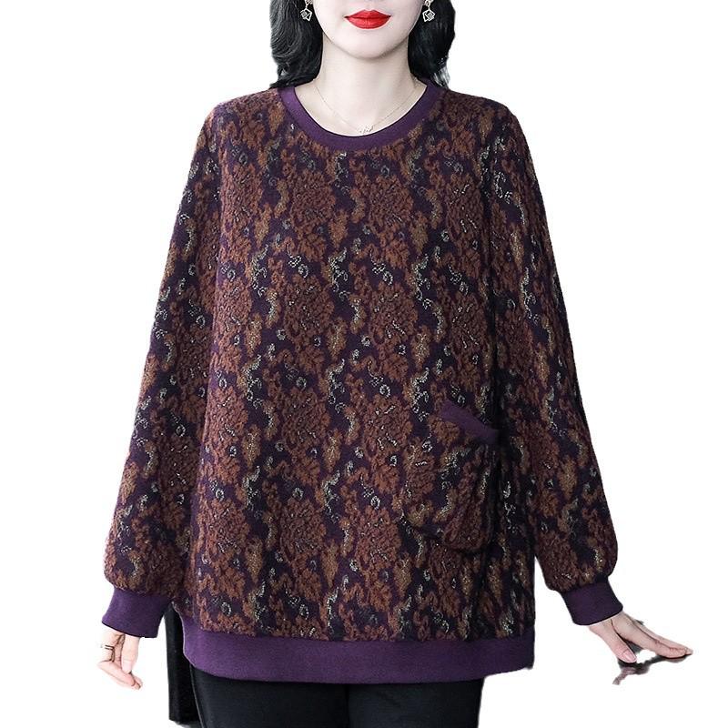 Autumn Winter Classic Jacquard Plus Size Slimming Sweatshirt for Middle-Aged Women
