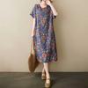 Summer Thin Cotton and Linen Retro Mid Length Dress with Feminine Temperament