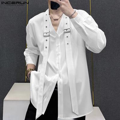 Men V Neck Shoulder Ribbon Long Sleeve Button Oversized Shirts