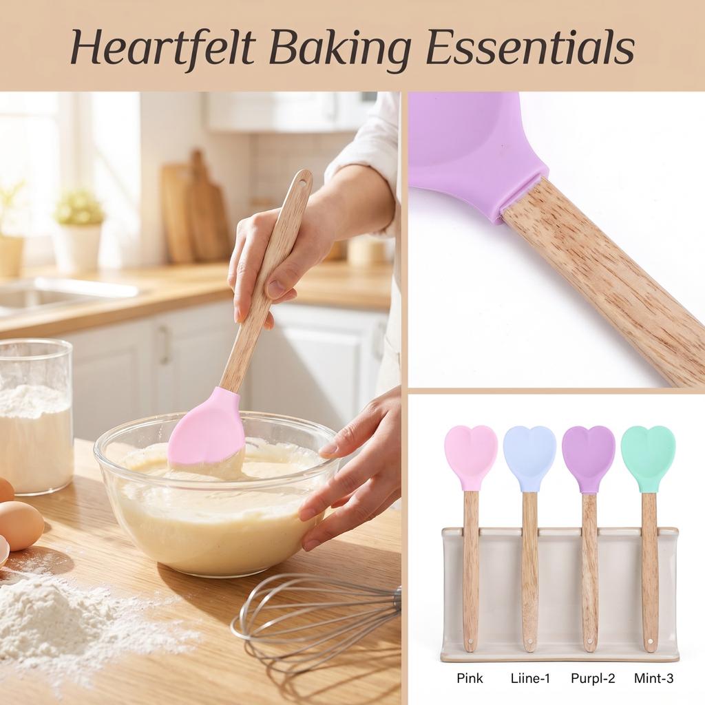 Herzförmige Silikonspatel mit langem Holzgriff zum Mischen und Kochen
