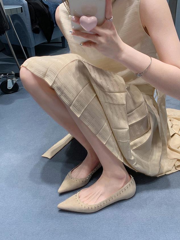 Cowhide version~ French rivet leather shoes shallow mouth single shoes women's pointed shoes gentle wind flat shoes evening ladyshoes