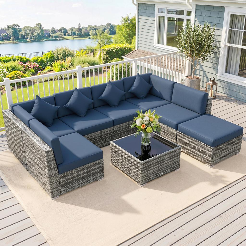 8 Pieces PE Rattan Corner Sofa Set, Outdoor Garden Furniture Set, Patio Wicker Sofa Seater W/ Cushion, Dark Blue
