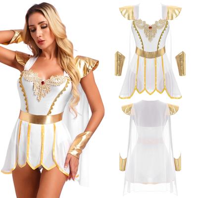Women Halloween Ancient Roman Toga Costume Party Fancy Dress Up Integrated Cape Petal Skirt Bodysuit with Metallic Wristbands