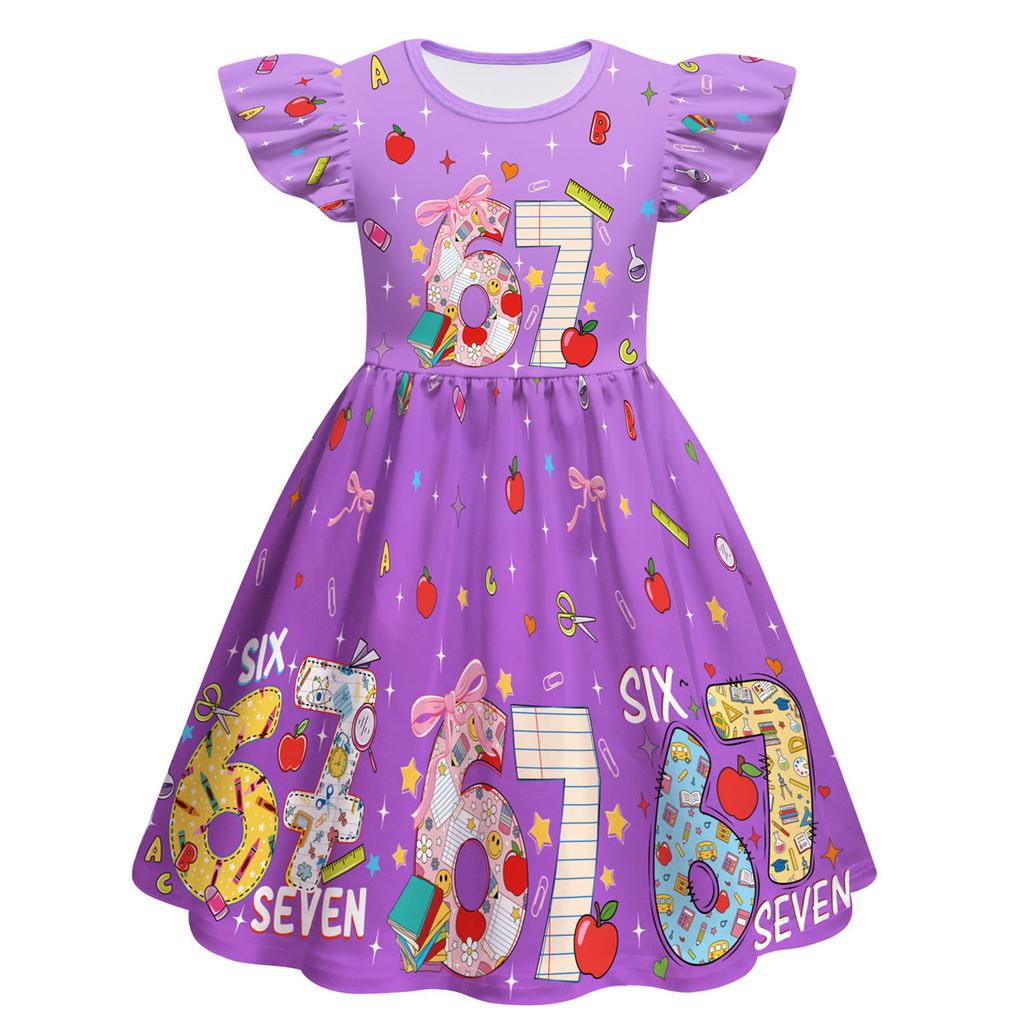 82838 Kids Girls Steal a Brainrot 67 Six Seven Print Ruffle Sleeveless Princess Dress