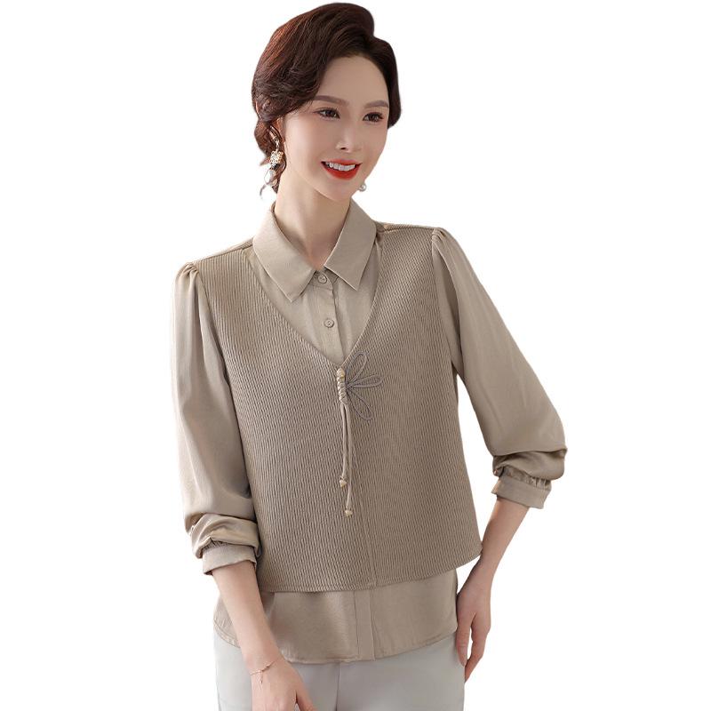 Mom's Fashionable Faux Two-Piece Top: Chic Spring & Autumn Shirt for Middle-Aged Women, 2026 New Style