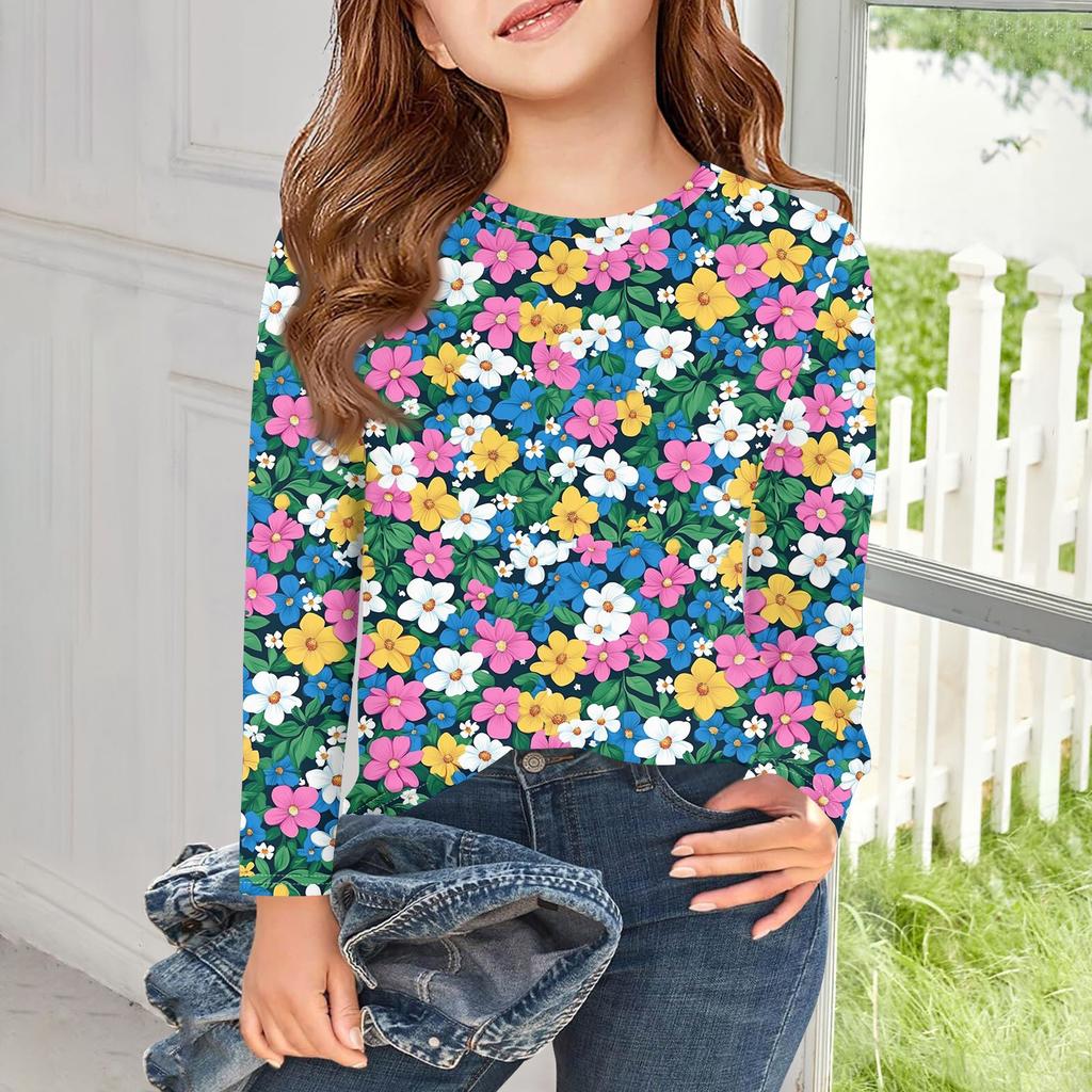 Mädchen Langarm T-Shirts Kinder Herbst Tops Rundhals Bedruckt Basic T-Shirts 5-14J