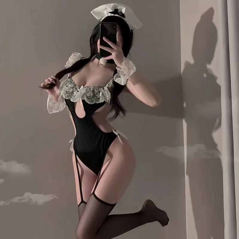 Sensual Lace Suspender Maid Costume - Seductive Cosplay Onesie for Small Chest