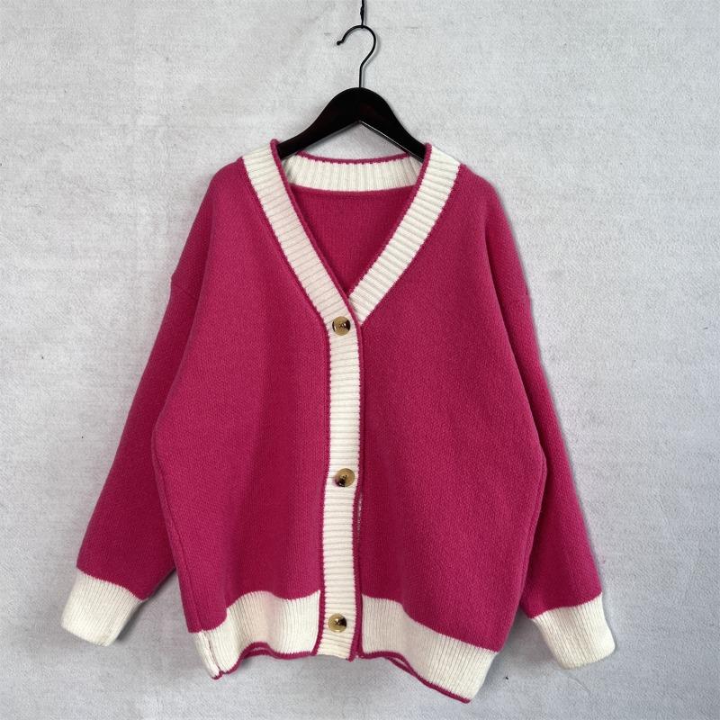 Color Blocking Cardigan V-neck Sweater Women's Loose Knitted Coat Large Size Knitwear Soft Fabric Warm Comfortable Harajuku Style Autumn Winter
