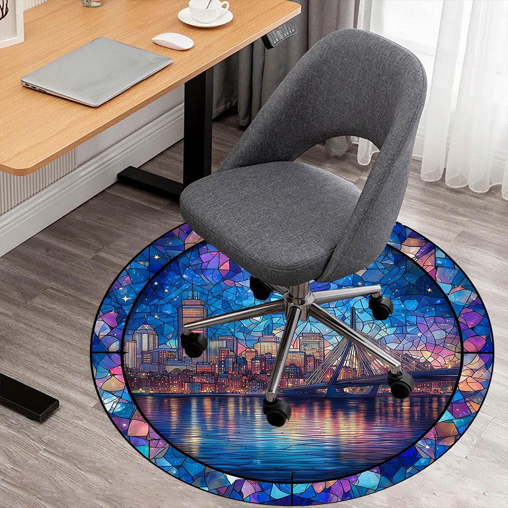 1pc Cityscape Stained Glass Pattern Office Round Rugs, Under Chair Round Rugs for Living Room, Bedroom, Bathroom Decoration Carpet 091813