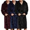 Long Sleeve Pockets Belt Solid Color Men Bathrobe Winter Warm Hooded Fleece Lengthened Nightgown Sleepwear