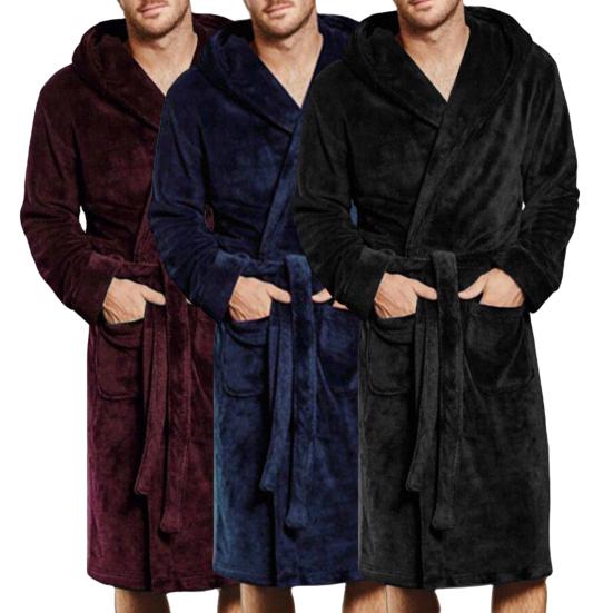 Long Sleeve Pockets Belt Solid Color Men Bathrobe Winter Warm Hooded Fleece Lengthened Nightgown Sleepwear