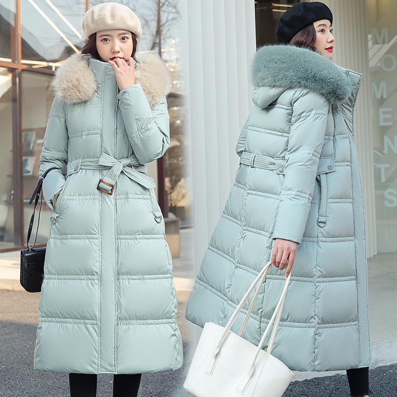 Women's Autumn And Winter Cotton Coat Medium Length Large Fur Collar Hooded Slim Fitting Coat Large Knee Length Cotton Jacket