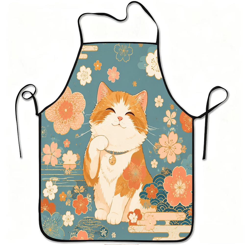 1pc Lucky Cat Apron with Lucky Cat & Floral Print - Adjustable Waistband, Durable Easy-Clean Polyester Suitable for Kitchen Cooking, Gardening, Orchar