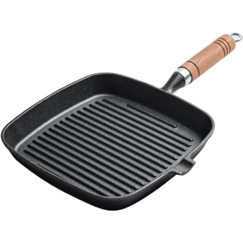 REENEW Steak Frying Pan, Cast Iron Grill Pan with Wooden Handle, Induction Compatible, Fish Grill, Steak Grill, Direct Flame Compatible, Multi-functio